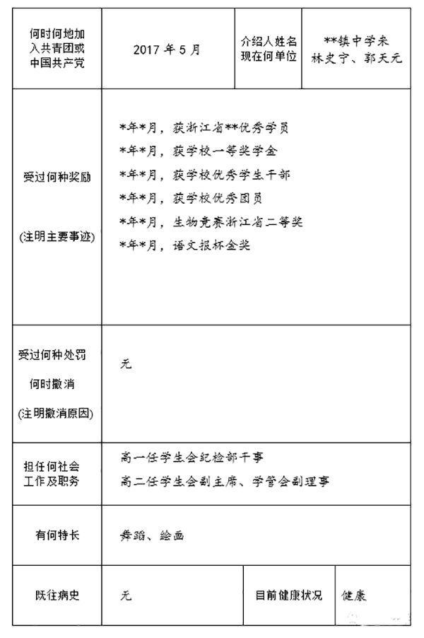 《浙江省普通高中学生毕业生登记表》填写示范与参考样本