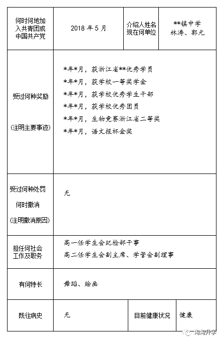 铜川市高中学籍档案填写样本