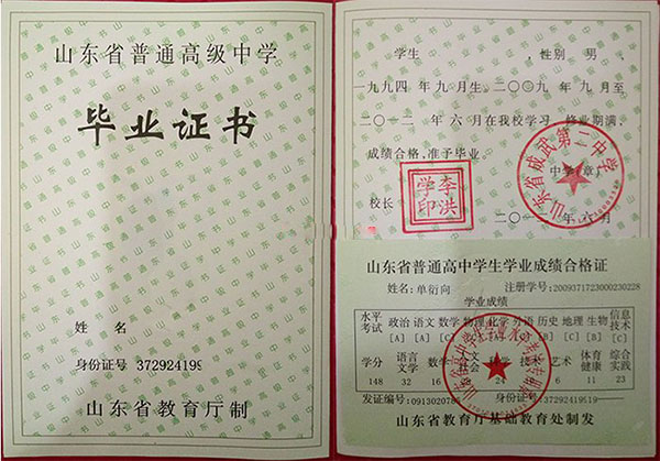 山东省2001年高中毕业证样本（山东省高级中学毕业证）